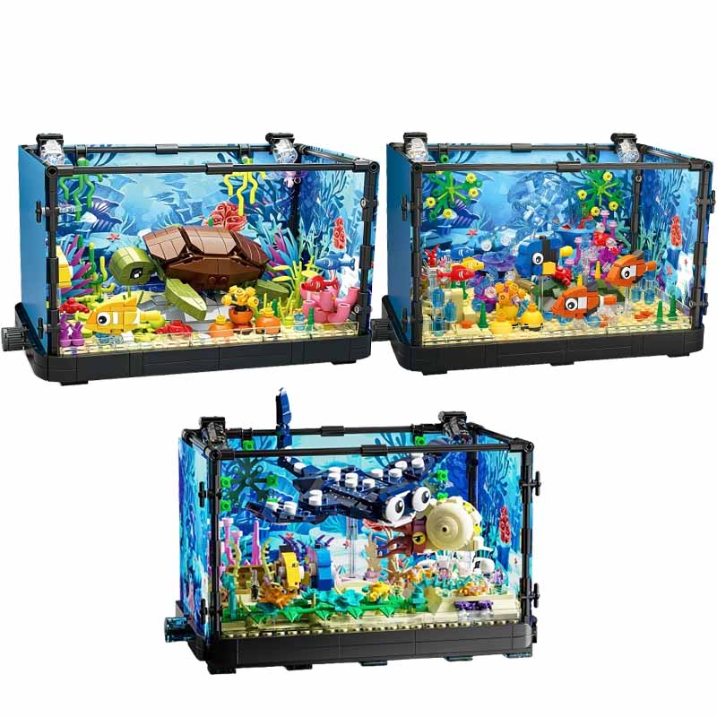 Marine Aquarium Cube - ชุดบล็อกตัวต่อตู้ปลาพร้อมไฟ，ตู้ปลา，เต่าทะเล，ของเล่นตัวต่อสำหรับเด็กอายุ 14 ปีขึ้นไป，ของขวัญ，ของตกแต่งบ้าน
